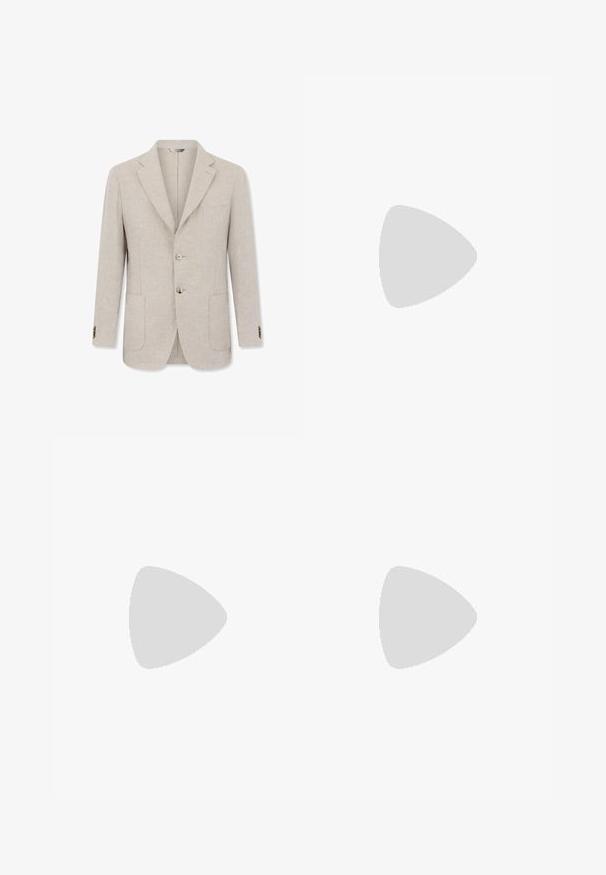 Beige herenblazer met twee knopen, gekartelde revers, twee voorzakken en een borstzak, weergegeven op een witte achtergrond.; Korte mouwen overhemd met een lichtroze, beige en groene zigzagpatroon; inclusief een enkele borstzak en witte knopen.; Beige linnen broek met een elastische tailleband en trekkoord. Rechtoe-rechtaan ontwerp met een zachte textuur en minimalistische stijl.; Stuart Weitzman BERKLEY - Muiltjes - espresso