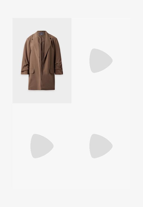 Brun lang blazer med reverskrave og forlommer med klap, vist fladt mod en hvid baggrund.; Lyseblå skjorte med lange ærmer, knapper foran, klassisk krave, skræddersyet pasform og synlige syninger langs siderne og ærmerne.; Multifarvet zigzag mønster nederdel. Lavet af letvægtsstof, med en flared silhuet og en taljeelastik. Overvejende orange, blå og rød.; Brune kunstlæder stiletter med spidse tæer og krokodilletekstur, der har en slank, vinklet hæl og en glat inderside.
