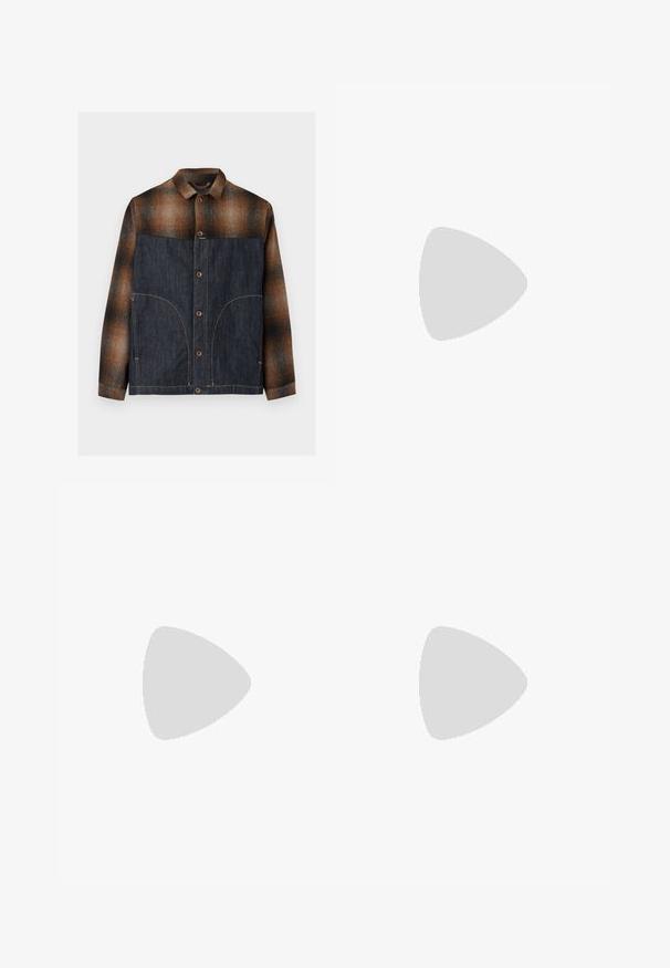 Bruin en zwart geruit overhemdjack met donkerblauw denim voorpaneel, knoopsluiting en kraag, plat gelegd op een lichte achtergrond.; Bordeaux sweatshirt met een ronde hals, lange mouwen, ribgebreide boorden en een boord onderaan. Voorzien van een klein zwart logo op de linkerborst.; Wijde spijkerbroek in een vervaagde bruine kleur met een lichte wassing. Voorzien van traditioneel ontwerp met vijf zakken en zichtbare stiksel-details.; Bruine leren wandelschoen met een gladde afwerking, gevoerde enkel, metalen oogjes en een rubberen zool met een robuust profiel.
