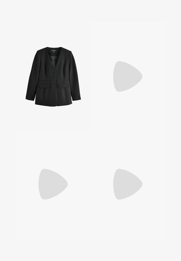 Schwarzer Damenblazer mit zwei Knöpfen, V-Ausschnitt, langen Ärmeln und zwei aufgesetzten Taschen vorne, auf weißem Hintergrund dargestellt.; Schwarzer kurzärmeliger Rollkragenpullover aus weichem Stoff, mit engem Kragen und entspannter Silhouette mit Rippendetails.; Schwarze, weit geschnittene Hosen mit gepflücktem Vorderteil, elastischem Bund und glattem Stoff. Sie haben eine bequeme Passform, die bis zum Knöchel reicht.; Schwarze Leder-Slingback-Wedge mit spitzem Schuhkopf, offenen Seiten und einem Bindungsakzent an der Ferse; strukturierte Oberfläche und leicht geschwungene Wedge.