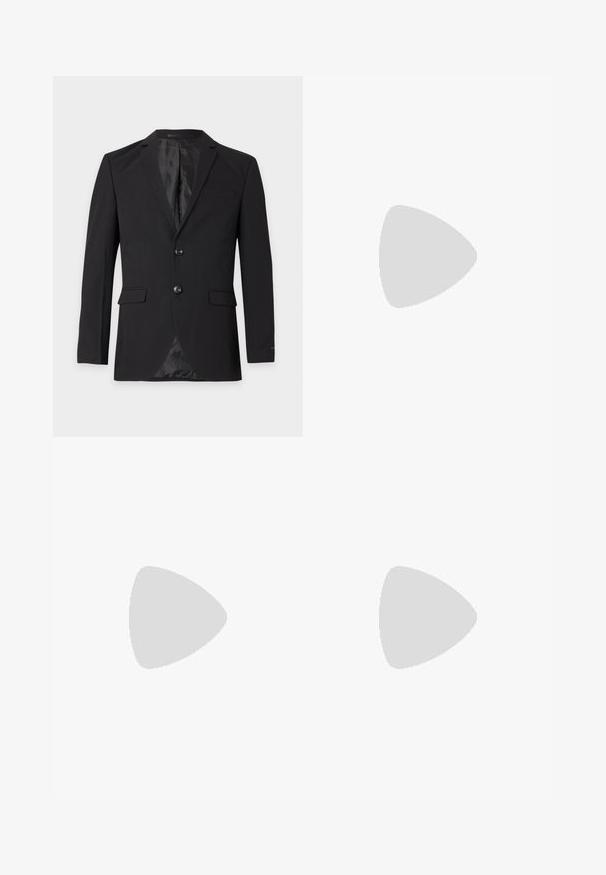 Schwarzer formeller Herrenblazer mit zwei Knöpfen, Kerbkragen, Pattentaschen und einer Brustleistentasche, vor einfarbigem Hintergrund.; Weiße Langarmbluse aus glattem Stoff, mit spitzem Kragen, Knopfleiste vorne und Ein-Knopf-Manschetten.; Lindbergh Stoffhose - black melange; Schwarzer Leder-Herrenloafer mit Quasten-Detail, abgerundeter Spitze, niedrigem Absatz und glatter, polierter Oberfläche, von der Seite auf weißem Hintergrund dargestellt.