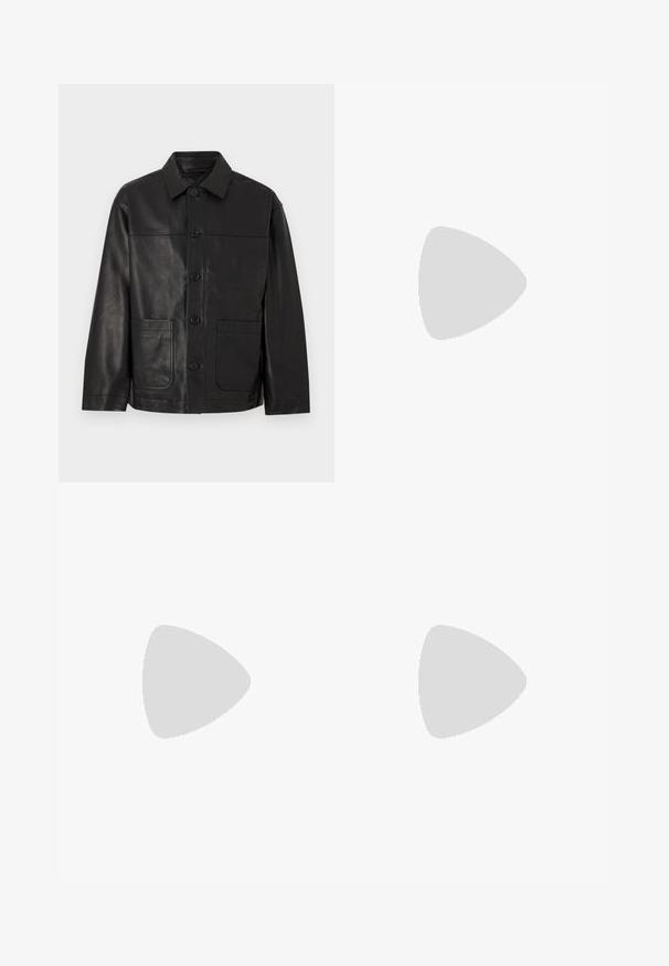 Black leather button-up jacket with collar and two large front patch pockets, displayed against a plain light background.; Light gray long-sleeve crew neck sweatshirt with a simple, plain knit texture, displayed against a white background.; Light blue straight-leg denim jeans with five-pocket design and button closure at the waist, displayed against a plain background.; Black denim pants paired with shiny black loafers. The shirt is white with thin vertical stripes, with long sleeves and a buttoned collar.