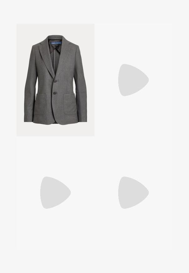 Jednorzadový sivý blejzer so dvoma gombíkmi, výstrih s výrezom, dva predné náprsné vrecká a štítok Polo by Ralph Lauren vo vnútri goliera.; Biele tielkové polo s golierom, dvoma gombíkmi a tmavomodrým logom hráča polo Ralph Lauren na ľavej strane hrudníka.; Tmavomodré na mieru šité nohavice s rovnými nohavicami, s hladkou textúrou, prednými záhybmi a pútkami na opasok. Bez viditeľných vreciek.; Biele tenisky so hladkým koženým zvrškom, semišovými akcentmi a plochými šnúrkami. Majú textúrovanú gumovú podrážku a minimalistický dizajn.