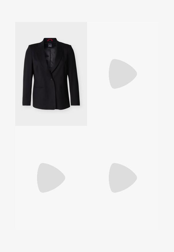 Μαύρο σακάκι με ένα κουμπί, με notch πέτα, μακριά μανίκια και δύο εμπρόσθιες τσέπες, παρουσιάζεται σε λευκό φόντο.; Μπορντό αμάνικο τοπ με ζιβάγκο σε μαλακό και ελαστικό ύφασμα; διαθέτει ψηλό γιακά και ομαλή υφή χωρίς σχέδια ή διακοσμητικά στοιχεία.; Παντελόνια με φαρδιά μπατζάκια και ψηλή μέση σε μωβ χρώμα, με κούμπωμα κουμπιού και φερμουάρ, λείο ύφασμα και ελαστική ζώνη στη μέση στο πίσω μέρος.; Μαύρο πατενταριστό δερμάτινο ψηλοτάκουνο παπούτσι slingback με μυτερή μύτη, ρυθμιζόμενο λουρί στον αστράγαλο και ανοιχτές πλευρές. Λείο υφάσμα.
