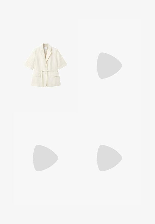Blazer crème à manches courtes avec fines rayures verticales, deux poches à rabat à l'avant, fermeture par bouton, revers crantés et fine ceinture à la taille.; Débardeur blanc uni sans manches avec encolure arrondie, fabriqué en tissu doux, étiquette à l'intérieur du col indiquant la marque et la taille.; Pantalon en lin beige à coupe droite, avec une texture lisse et un léger éclat. Comprend une ceinture et des poches avant discrètes.; Mule beige à bout pointu avec petit talon kitten et grand nœud doux sur le dessus, conçue pour la mode féminine.