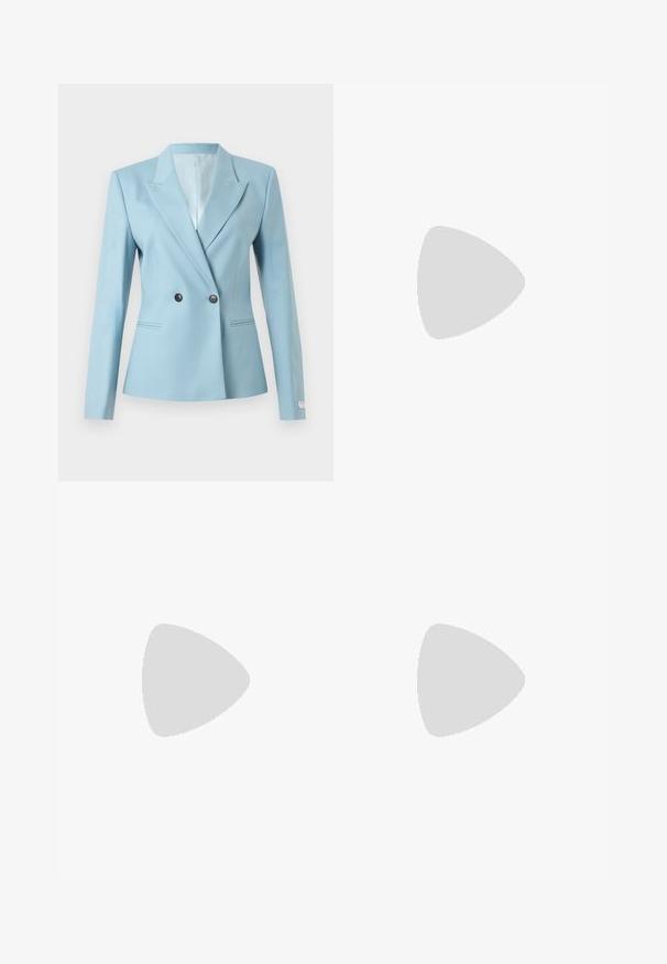 Light blue tailored blazer with double button closure, notch lapels, long sleeves, and two front welt pockets on a white background.; Light blue ribbed sleeveless top with lace trim on armholes and neckline, small embroidered "PJ" logo centered below neckline.; Light green wide-leg trousers made from soft fabric, featuring a front button closure, pleats, and a clean hemline.; Black leather ballet flat with a rounded toe, featuring a metallic gold shell-shaped accent on the front. Smooth texture, low heel.