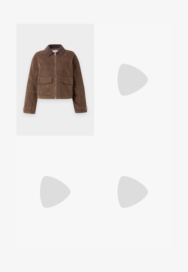 Veste cropped en velours côtelé marron avec fermeture éclair sur le devant, deux poches poitrine et un col en velours côtelé marron. Tissu texturé avec un motif en côtes.; Robe en tricot brun à manches longues avec des poignets côtelés et une ceinture à nouer amovible, longueur genou, col rond simple.; Ballerine en cuir verni marron avec un bout carré et une lanière ornée d'une petite boucle dorée. Texture lisse, talon bas et design minimaliste.; Sac à main bordeaux en matériau brillant, de forme rectangulaire, avec deux anses et des accents légèrement courbés à l'avant.