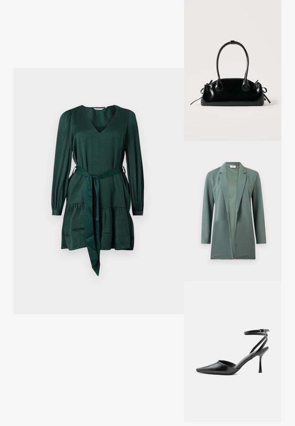 Blazer verde de manga larga hecho de tela suave. Presenta un cuello con muesca y un diseño de frente abierto. Sin cierres o adornos visibles.; Vestido verde de manga larga en tejido suave y texturizado. Presenta un escote en V, un lazo en la cintura y una falda con volantes. Diseño simple y elegante.; Zapato de tacón alto negro de punta fina con delgadas correas en el tobillo y cierre de hebilla plateada sobre un fondo liso claro.; Pequeño bolso negro brillante con dos asas largas y detalles de cordón lateral sobre un fondo claro liso.