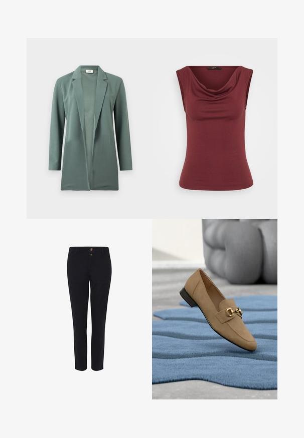 Roheline, pikakä sleeves blazer, mis on valmistatud siledast kangast. Omab lõigatud kraed ja avatud esiosa disaini. Ei ole nähtavaid kinnitusi ega kaunistusi.; Burgundi värvi ilma varrukateta tops, millel on langev kaelus, sobib keha kuju järgi, valmistatud pehmest materjalist, millel on sile ja ühtlane tekstuur. Ilma mustrite või detailideta.; Mustrussid, mis on valmistatud puuvilla segakiust, kahe esipaknaga, sirge lõike ja sujuva tekstuuriga. Ükski mustrit ei ole nähtav.; Heleroheline seemisnahast mokassin kuldse kett-detailiga, mis on eksponeeritud sinisel tekstuuriga vaibal moodsas interjööris.