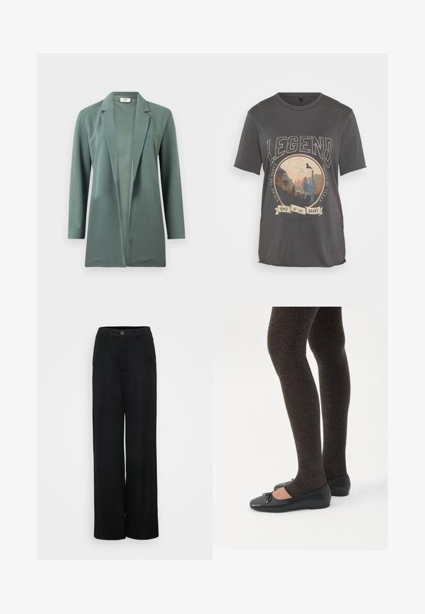 Groen, lang mouwen blazer gemaakt van een gladde stof. Heeft een gesneden kraag en een open voorkant. Geen zichtbare sluitingen of versieringen.; Donkere grijze katoenen t-shirt met een ronde afbeelding van een cactus en een berglandschap, met de tekst "LEGEND" en "HOME OF THE BRAVE."; Zwarte wijde broek met een gladde textuur, voorzien van een knoopsluiting en voorzakken. Klassiek en veelzijdig ontwerp geschikt voor verschillende gelegenheden.; Benen met donkere geribbelde leggings gecombineerd met zwarte ballerina's met kleine strikdetails op een witte achtergrond.