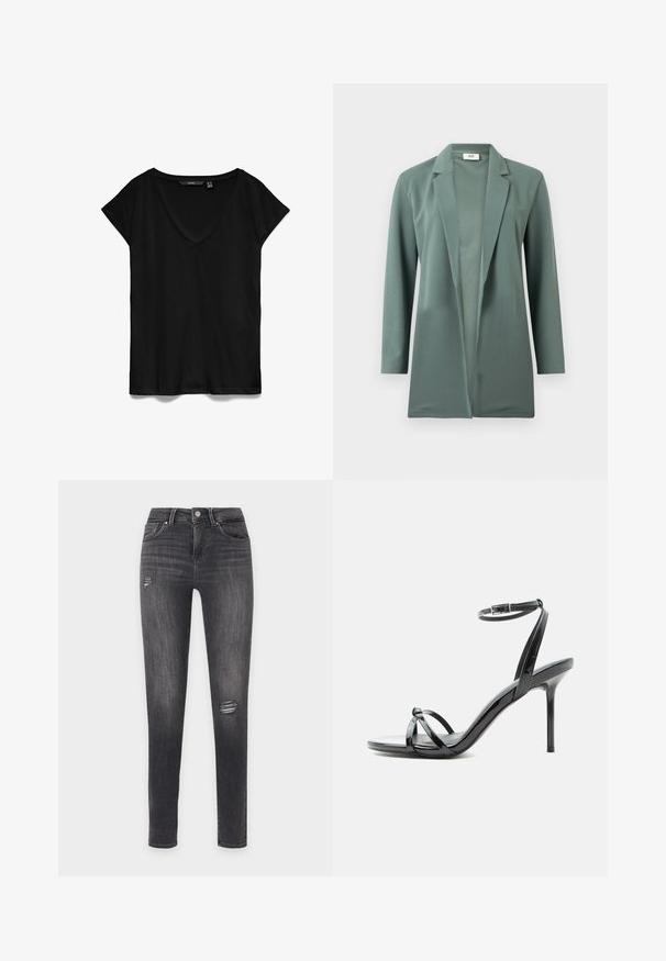 Roheline, pikakä sleeves blazer, mis on valmistatud siledast kangast. Omab lõigatud kraed ja avatud esiosa disaini. Ei ole nähtavaid kinnitusi ega kaunistusi.; Must musta lühikeste varrukate ja V-kaelusega t-särk, valmistatud pehmest kangast, millel on mugav lõige ja sile, veidi mati tekstuur.; Mustad kitsad teksapüksid kerge pleekimise ja väikeste kulunud rebenemistega reie ülaosa ja põlve piirkonnas, ees taskute ja vööaasadega.; Mustast lakknahast kõrge kontsaga sandaal, millel on õhukesed rihmad, mis ristuvad varvaste kohal ning pahkluu paela ja pannalaga valgel taustal.