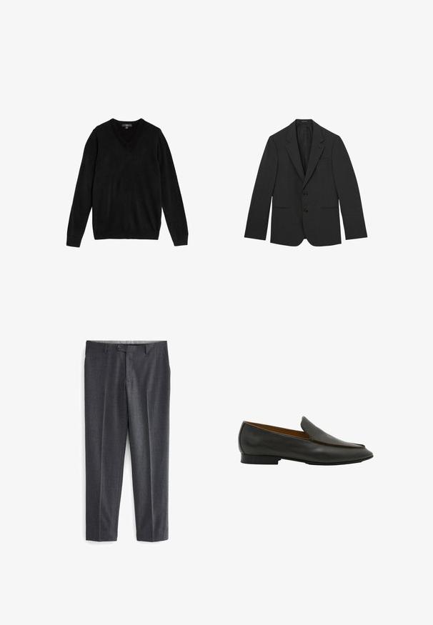 Schwarzer Herrenblazer mit zwei Knöpfen, Revers mit Kerbkragen, vorderen Paspeltaschen und einer einzelnen Brusttasche, präsentiert auf weißem Hintergrund.; Schwarzer V-Ausschnitt-Pullover aus weichem, gestricktem Stoff. Lange Ärmel, gerippte Bündchen und Saum, schlichtes Design ohne Muster oder Akzente.; Graue maßgeschneiderte Hose mit strukturiertem Muster, zwei vorderen Taschen, Gürtelschlaufen und einem einzigen Knopfverschluss an der Taille.; Schwarzer Leder-Slipper mit niedrigem Absatz und glatter Oberfläche, seitlich auf weißem Hintergrund gezeigt.