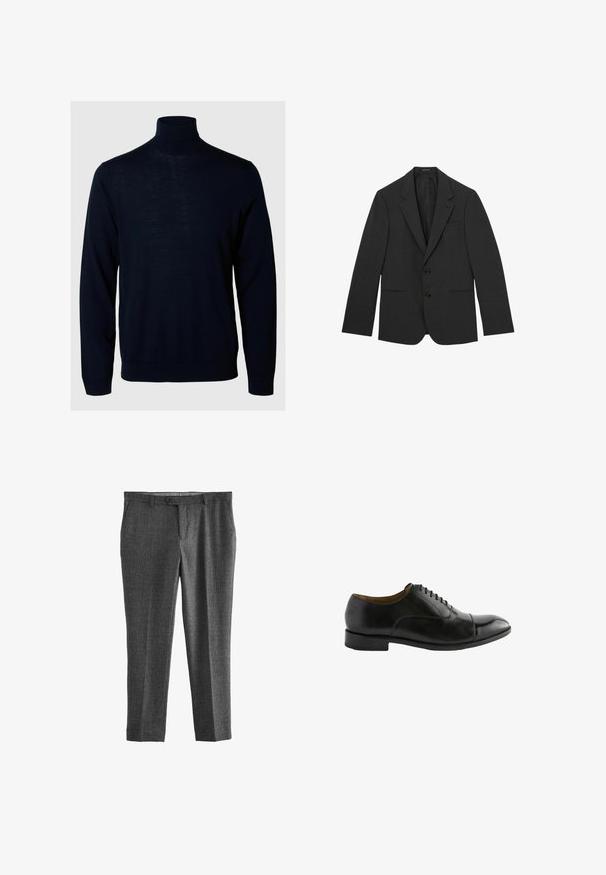 Schwarzer Herrenblazer mit zwei Knöpfen, Revers mit Kerbkragen, vorderen Paspeltaschen und einer einzelnen Brusttasche, präsentiert auf weißem Hintergrund.; Marineblauer Rollkragensweater, lange Ärmel, gerippte Bündchen und Saum, aus weichem Stoff mit glatter Textur und minimalistischem Design.; Graue maßgeschneiderte Hose aus strukturiertem Stoff, mit Reißverschluss, vorderen Taschen und geradem Bein. Keine sichtbaren Muster oder Akzente.; Schwarze Lederschuhe mit abgerundetem Zehenbereich, glatter Oberfläche und Schnürdesign. Verfügt über einen niedrigen Absatz und dezente Stickdetails.