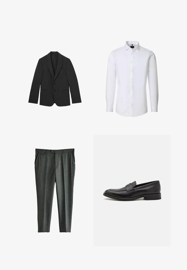 Schwarzer Herrenblazer mit zwei Knöpfen, Revers mit Kerbkragen, vorderen Paspeltaschen und einer einzelnen Brusttasche, präsentiert auf weißem Hintergrund.; Weißes langärmeliges Hemd mit Knopfleiste, klassischem Kragen und tailliertem Schnitt, frontseitig präsentiert vor einfarbigem Hintergrund.; Graue maßgeschneiderte Hosen mit einem dezenten Karomuster, vorderen Falten, Seitentaschen und einem einzelnen Knopfverschluss am Bund.; Schwarze Lederloafer mit glatter Oberfläche, einem dekorativen Riemen über dem Obermaterial, runder Zehenpartie und einem niedrigen, gestapelten Absatz.