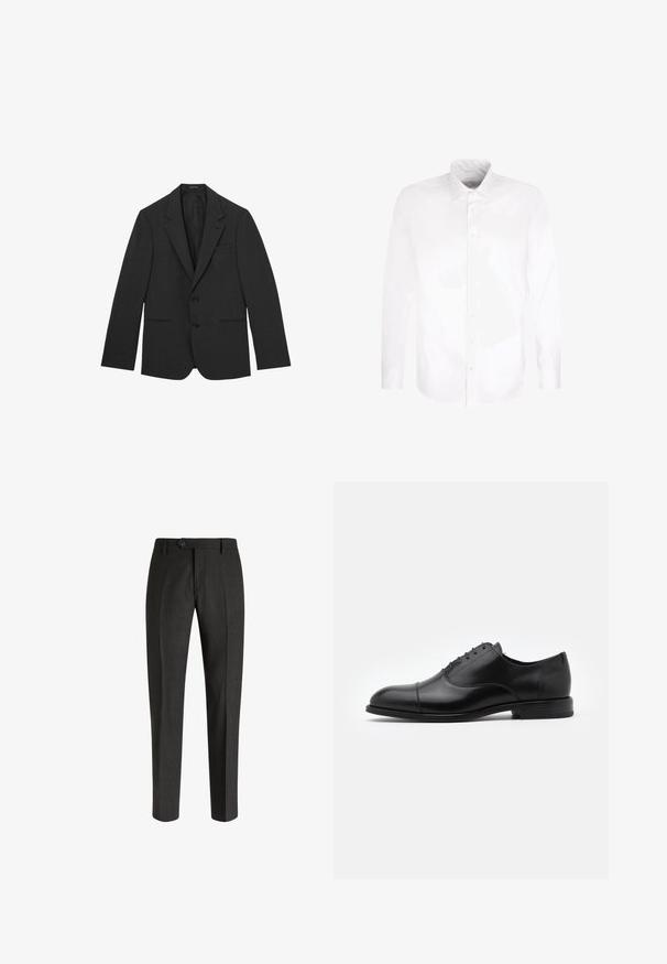 Sort herreblazer med to knapper, skrå kraver, forlommer samt en enkelt brystlomme, vist på hvid baggrund.; Hvid langærmet skjorte med knapper og spids krave, lagt fladt mod en hvid baggrund.; Boggi Milano Chino - charcoal; Sorte læderdress sko med rund tå, snørebåndsdesign og diskrete syninger. Har en lav hæl og glat tekstur.