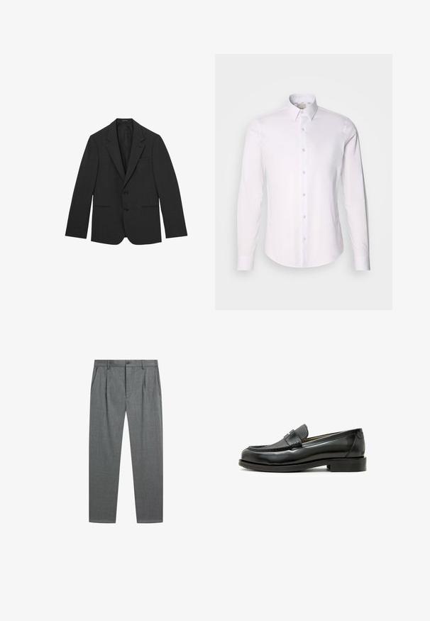 Zwarte herenblazer met twee knopen, met blinde revers, voorzakken met rand en een enkele borstzak, weergegeven op een witte achtergrond.; Witte langemouwen shirt van gladde stof met een button-down kraag, voorzien van een volledige knoopsluiting en een afgeronde zoom.; Grijze formele broek met plooien aan de voorkant, zijzakken, riemlussen en een knoopsluiting in de taille tegen een witte achtergrond.; Zwarte leren loafer met een textuuraccent van zwart leer, ronde neus en een lage blokhak; beschikt over een decoratief metallic detail.
