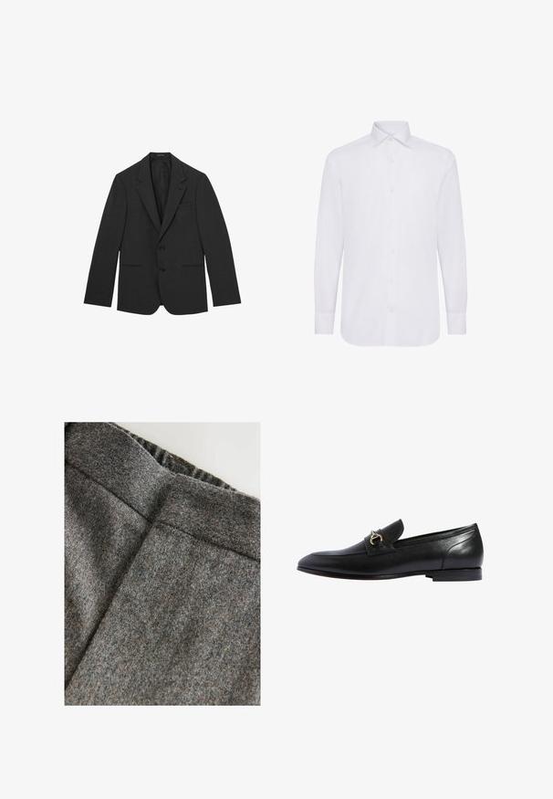 Schwarzer Herrenblazer mit zwei Knöpfen, Revers mit Kerbkragen, vorderen Paspeltaschen und einer einzelnen Brusttasche, präsentiert auf weißem Hintergrund.; Weißes Langarmhemd mit klassischem Kragen, Knopf-Leiste und geradem Saum. Hergestellt aus glattem Baumwollstoff.; Graue Wollmischungshose mit glatter Textur, ausgestattet mit einem breiten Bund und einem sauberen, klassischen Schnitt. Dezente Farbflecken sind vorhanden.; Schwarze Lederloafers mit abgerundetem Zehenbereich, einem goldenen Schnallenakzent und einem niedrigen, gestapelten Absatz. Glatte Oberfläche mit minimalen Nähten.