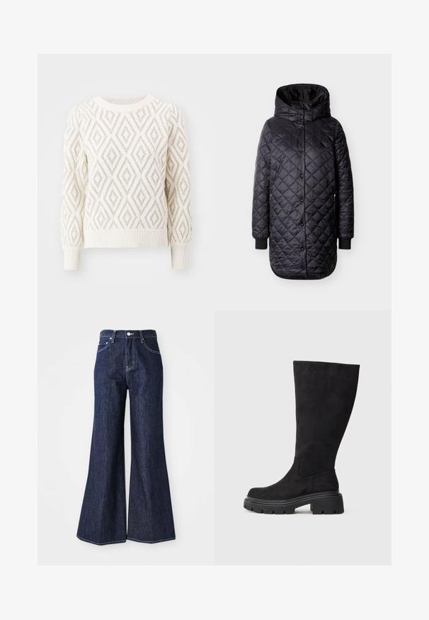 Musta tikattu pitkä takki hupulla, nepparikiinnitys, sivuvetoketjutaskut ja resorit hihansuissa valkoisella taustalla.; ONLY ONLFIE O NECK GLITTER - Neule - birch/pale gold; Tummat farkut, joissa on leveä lahje ja korkea vyötärö, varustettu napilla ja vetskalla. Valkoiset ompeleet ja leveät lahkeet luovat jämäkän siluetin.; Musta polven yläpuolelle ulottuva saapas, valmistettu pehmeästä mokkanahasta, jonka paksu musta kumipohja ja hieman pyöristetty kärki. Saappaassa on saumaton muotoilu ja sileä pinta.