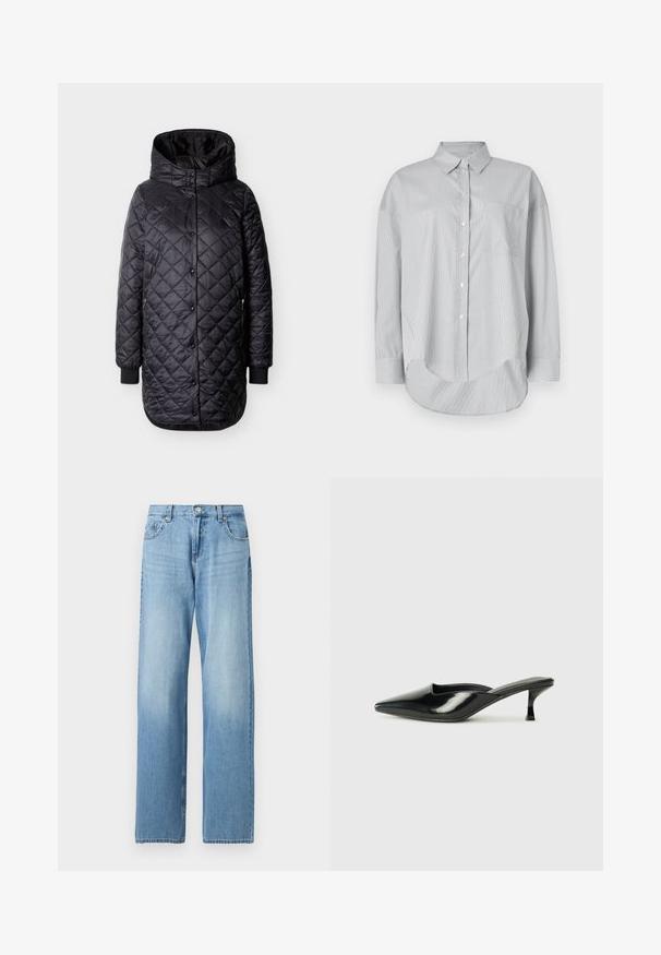 Schwarze, gesteppte lange Jacke mit Kapuze, Druckknopfverschluss, seitlichen Reißverschlusstaschen und gerippten Bündchen vor weißem Hintergrund.; Helles graues Hemd mit Knöpfen, aus einem glatten Stoff gefertigt. Es hat dünne vertikale Streifen, eine Brusttasche und einen abgerundeten Saum. Lange Ärmel.; Hellblaue Jeans mit geradem Bein, vorne mit Knopf- und Reißverschluss, Gürtelschlaufen sowie Taschen vorne und hinten.; Schwarze Lackleder-Mules mit spitzem Zeh, niedrigem Kitten-Heel und geschwungenen Seiten, die ein glänzendes Finish und ein minimalistisches Design aufweisen.