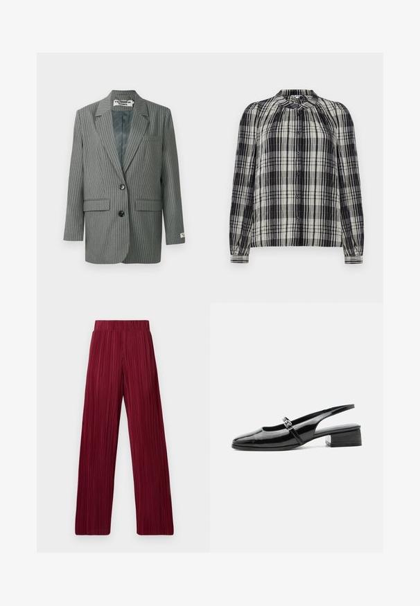 Blazer gris à rayures avec une fermeture à un bouton, des revers crantés, deux poches avant et une poche poitrine. Tissu texturé avec un doublure lisse.; Blouse à carreaux noir et blanc, boutonnée, avec des manches longues, une texture plissée et un col rond. Comprend des fermetures à boutons et des poignets ajustés.; Pantalons larges plissés bordeaux avec une taille élastique. Le tissu texturé présente des rayures verticales. Coupe droite jusqu'à l'ourlet.; Chaussure slingback en cuir verni noir avec un petit talon bloc et une fine bride avec une boucle argentée sur le dessus.