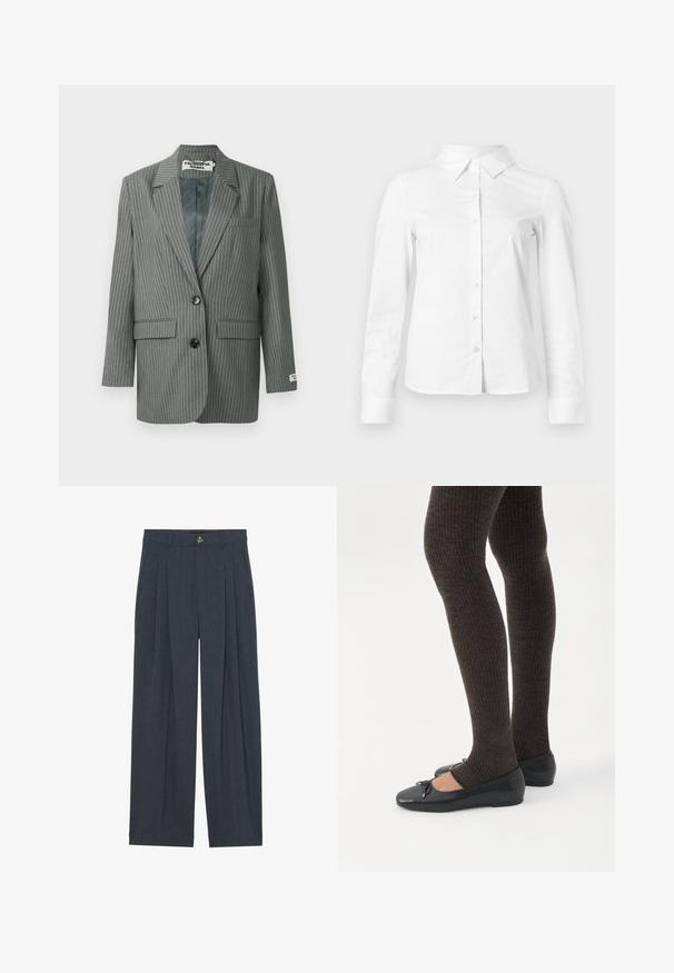 Blazer gris à rayures avec une fermeture à un bouton, des revers crantés, deux poches avant et une poche poitrine. Tissu texturé avec un doublure lisse.; Chemise blanche à manches longues avec boutons, col pointu, ourlet droit et silhouette ajustée, présentée sur un fond clair uni.; Pantalons larges en tissu texturé gris foncé, avec des plis avant, une fermeture à bouton et des poches latérales pour plus de fonctionnalité.; Jambes portant des leggings côtelés foncés associés à des ballerines noires avec de petits détails en nœud sur fond blanc.