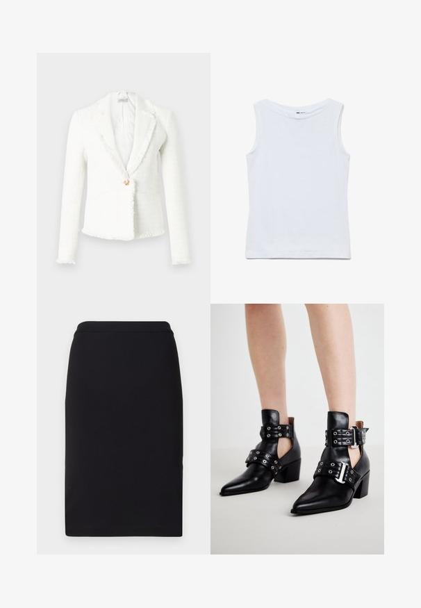 Blazer blanc en tissu texturé, présentant un bord effiloché, un seul bouton décoratif et un col à revers cranté. Comprend deux poches latérales.; Haut blanc sans manches en coton avec un large col rond et un ourlet droit, présenté à plat sur un fond blanc.; Jupe crayon noire en tissu extensible, avec une texture lisse et un design slim et droit, dotée d'une taille ajustée.; Bottes à chevilles en cuir noir avec des points de pieds, dotées de quincaillerie à œillets et de deux sangles réglables à boucle. Les talons blocs ajoutent de la stabilité.