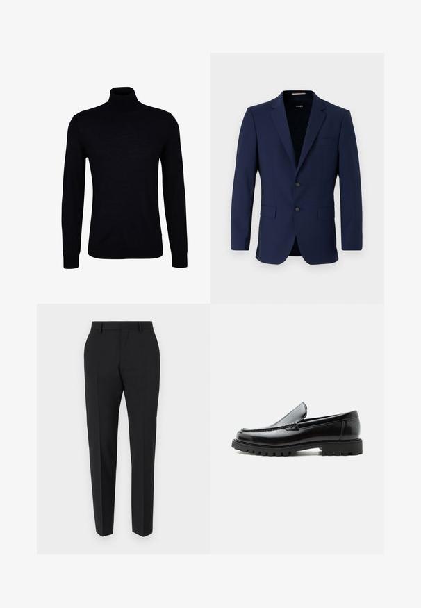 Blazer ajustado de color navy con dos botones, cuello solapa y bolsillos de parche. Textura suave con un diseño minimalista. Logo de la marca visible en el interior.; Suéter negro de cuello alto en un tejido de punto suave. Presenta mangas largas, un cuello ajustado y puños y dobladillo acanalados para un ajuste ceñido.; Pantalones negros con un diseño a medida, con frente plano, detalles de pliegue y un corte ajustado. Fabricados con una tela suave para un aspecto refinado.; Mocasín de cuero negro con suela de goma gruesa, empeine cosido y nombre de la marca en relieve en el talón, mostrado en perfil lateral sobre fondo blanco.