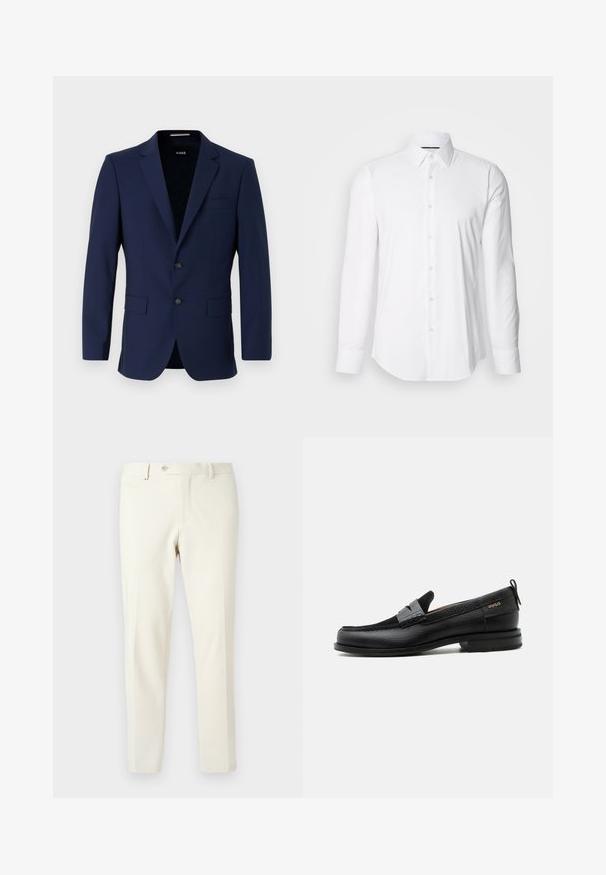 Blazer ajusté bleu marine avec deux boutons, col à revers et poches à rabat. Texture lisse avec un design minimaliste. Logo de la marque visible à l'intérieur.; Chemise blanche à manches longues en tissu lisse, avec un col classique et une fermeture à boutons à l'avant, doté d'un ourlet arrondi. Les boutons ont une finition légèrement brillante.; Pantalon beige clair en tissu lisse. Il présente une fermeture éclair à l'avant, un bouton de fermeture et des poches latérales inclinées avec une coupe slim.; Mocassin en cuir noir avec détail de bride grise, talon bas et semelle texturée, marqué "HUGO" en or sur le côté.