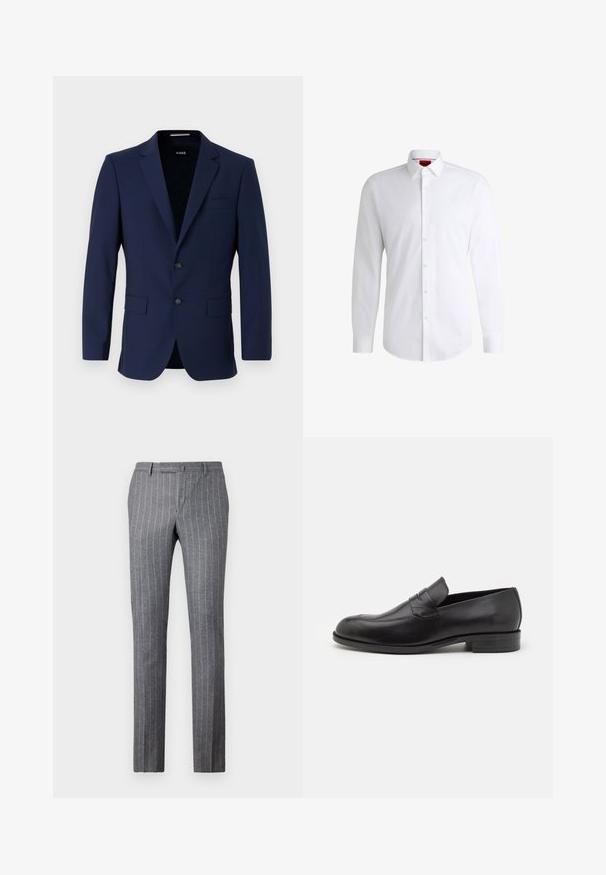 Blazer ajustado de color navy con dos botones, cuello solapa y bolsillos de parche. Textura suave con un diseño minimalista. Logo de la marca visible en el interior.; Camisa blanca de botones, confeccionada en tela suave, con collar clásico, mangas largas y dobladillo curvado. Presenta botones beige en la parte delantera.; Pantalones a rayas gris claro hechos de una tela texturizada, que presentan un diseño clásico, un corte recto y dos bolsillos frontales.; Mocasines de cuero negro con punta redondeada y detalles de costura sutiles. Textura suave y tacón bajo con marca en la parte trasera.