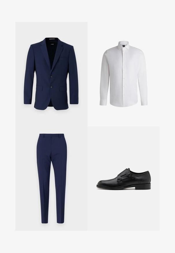 Blazer ajusté bleu marine avec deux boutons, col à revers et poches à rabat. Texture lisse avec un design minimaliste. Logo de la marque visible à l'intérieur.; Chemise blanche à manches longues en coton lisse, dotée d'un col classique, d'une patte de boutonnage complète et de poignets à bouton. Design minimaliste.; Pantalon ajusté bleu marine, avec une coupe slim, présentant une texture lisse, un devant plat et des jambes pliées. Pas de poches visibles ni d'embellissements.; Chaussure habillée en cuir noir avec double boucle, silhouette élégante et bout rond. Dispose d'un petit talon et d'une texture lisse.