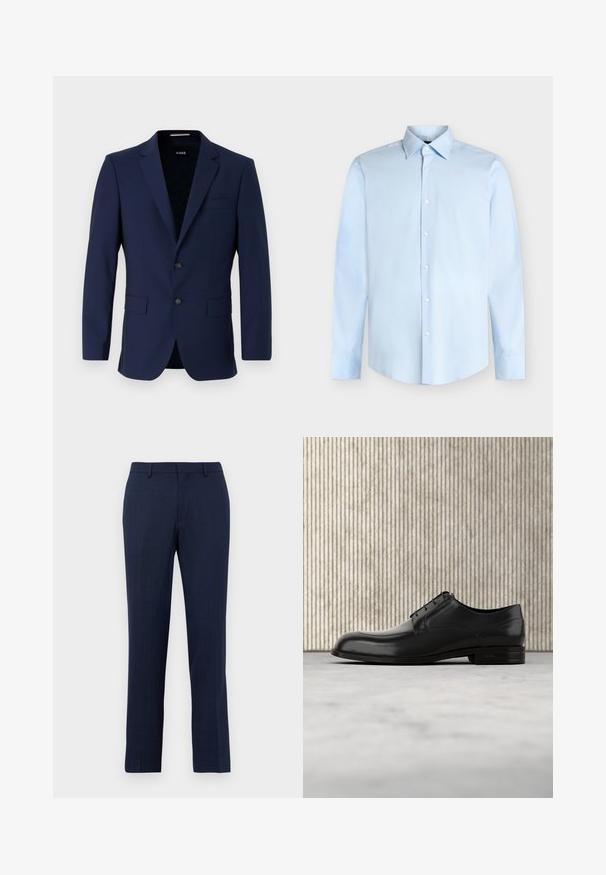 Marineblå skræddersyet blazer med to knapper, reverskrave og påsyede lommer. Glat tekstur med et minimalistisk design. Brandlogo synligt indeni.; Lyseblå herreskjorte med lange ærmer, knappelukning foran og spids krave, vist mod en hvid baggrund.; Mørkeblå skræddersyede bukser med bæltesløjfer, lynlås foran og lige benpasform mod en ensfarvet hvid baggrund.; Sorte læderherresko med rund tæer, glat tekstur, minimale sømme og en flad sål med diskret branding på hælen.