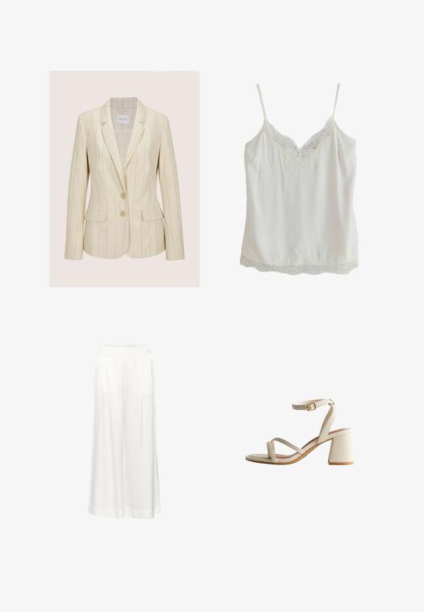 Veste blazer couleur crème à rayures verticales fines, avec deux boutons à l'avant, revers crantés et poches à rabat.; Camisole blanche sans manches avec fines bretelles et bordure en dentelle au niveau de l'encolure et de l'ourlet, fabriquée en tissu lisse.; Un pantalon blanc à jambes larges avec des plis, fabriqué dans un tissu léger. Il présente une taille plate et des ourlets retournés. Texture lisse, sans motifs.; Sandale à talons beige avec deux sangles croisées et boucle à la cheville. Talon carré et texture lisse avec une finition semi-mate.