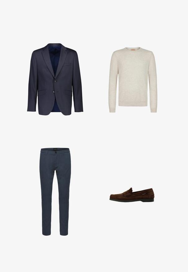 Lindbergh TECHNICAL STRETCH - Jakkesæt blazere - navy; Beige crew-neck sweater lavet af blødt strikstof. Har lange ærmer samt ribbede manchetter og kant. Minimalistisk design med en glat tekstur.; Mørkeblå skræddersyede bukser lavet af stof, med knaplukning, for- og baglommer samt en slim fit design. Glat tekstur med subtil glans.; Brun mokkasins i ruskind til mænd med syningsdetaljer og sort sål, vist i profil mod hvid baggrund.