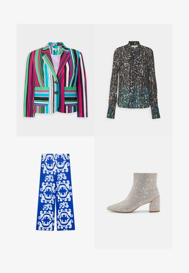 Blazer rayé coloré avec des rayures verticales rose, verte, bleue, blanche et noire, deux poches avant et deux boutons noirs.; Patrizia Pepe CAMICIA - Chemisier - dark multicolor; Pantalon bleu à jambes larges avec un motif blanc tourbillonnant, confectionné dans un tissu lisse à texture extensible. Aucune quincaillerie ni accent visible.; Blue by Betsey Johnson Bottines - silver-coloured