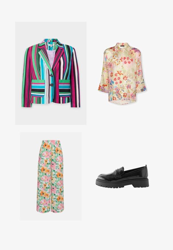 Farverig stribet blazer med pink, grøn, blå, hvid og sort lodret striber, to forlommer og to sorte knapper.; Langærmet skjorte med knapper og flerfarvede blomster- og paisleymønstre i rød, rosa, blå, gul og grøn på en lys baggrund.; Blomstrede bukser med vid ben, der har et multfarvet print med pink, orange og grønne blomster på en hvid baggrund. Elastisk talje.; Sorte lakerede loafers har en lav platformssål med en robust træd og en quiltet detalje over midtfoden.
