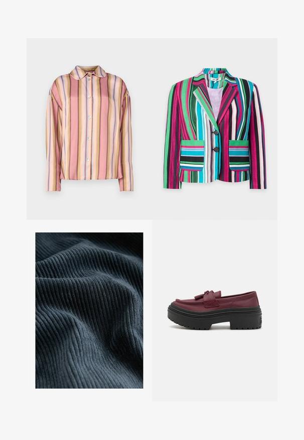 Blazer de rayas coloridas con rayas verticales en rosa, verde, azul, blanco y negro, dos bolsillos delanteros y dos botones negros.; Camisa de botones con rayas verticales en tonos rosa, durazno y colores pastel, con cuello y mangas largas, hecha de tela suave.; Tejido de ribete azul oscuro con una superficie suave y texturada, que presenta líneas verticales y suaves ondas, creando profundidad y movimiento.; Mocasines sintéticos burdeos con suela de plataforma plana de goma negra, que cuentan con una costura elevada, borlas decorativas y un diseño elegante.