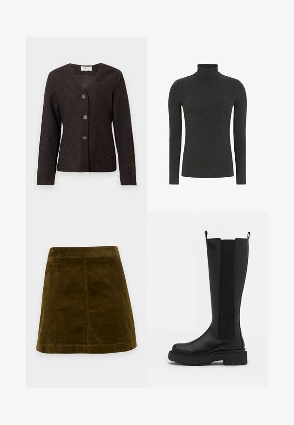 Blazer de mujer de color marrón oscuro con textura, de mangas largas y tres botones frontales, con un escote en V y un forro interior suave.; Suéter de cuello alto gris oscuro con mangas largas, hecho de una tela suave y texturizada. Diseño sin costuras, silueta ajustada y sin herrajes visibles.; Mini falda de pana marrón con nervios verticales, corte recto y dobladillo limpio. Presenta una cinturilla simple sin adornos.; Bota negra hasta la rodilla con un exterior de cuero suave, paneles laterales elásticos, punta redondeada y una gruesa suela de goma negra.
