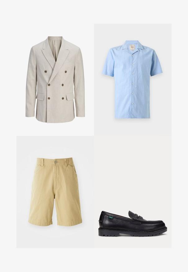 Blazer beige croisé avec larges revers crantés, six boutons marron, deux poches avant à rabat et une poche poitrine passepoilée.; Chemise bleu clair à manches courtes avec col classique et boutons blancs, présentée à plat sur fond blanc.; Shorts kaki en coton, avec une fermeture éclair, une patte de boutonnage, deux poches latérales et une coupe décontractée. Texture lisse, design à longueur de genoux.; Mocassin en cuir noir avec une semelle épaisse à crampons et une petite étiquette verte "Polo" sur le côté extérieur, près du talon.