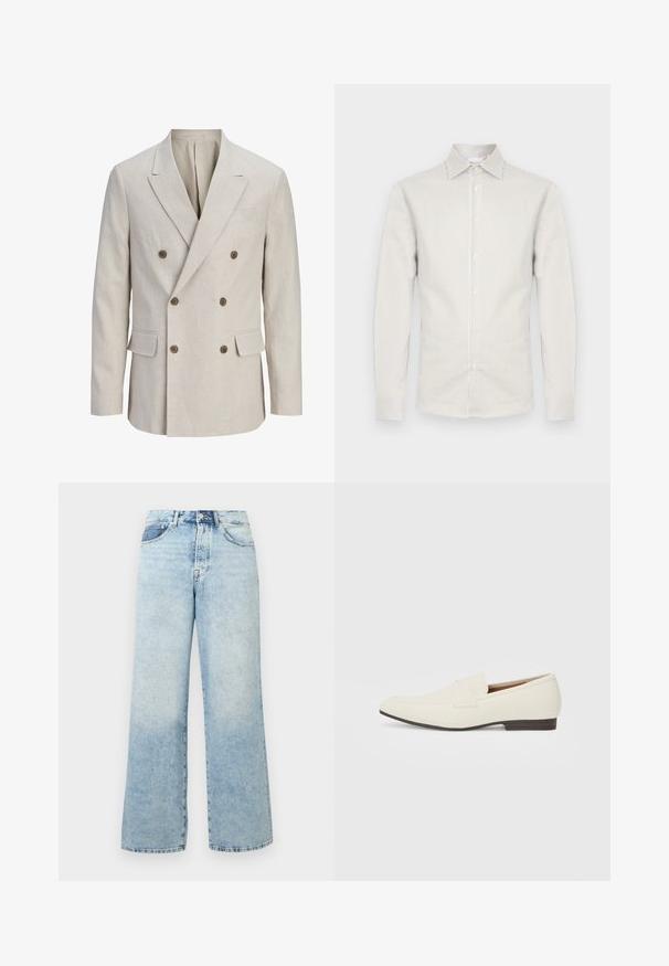 Blazer beige croisé avec larges revers crantés, six boutons marron, deux poches avant à rabat et une poche poitrine passepoilée.; Chemise homme à manches longues avec de fines rayures verticales beige et blanches, devant boutonné, col pointu et poignets boutonnés.; Jean en denim bleu clair taille haute avec une fermeture à bouton et fermeture éclair, poches avant et coupe large.; Mocassins beige clair avec un bout pointu, en matériau lisse, une sangle sur le devant et une semelle basse marron. Design simple avec des accents minimalistes.