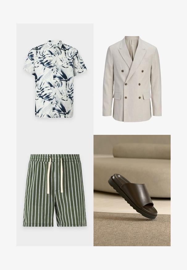 Blazer beige croisé avec larges revers crantés, six boutons marron, deux poches avant à rabat et une poche poitrine passepoilée.; Chemise à manches courtes avec un motif de feuilles bleu et blanc, boutons sur le devant et col. Confectionnée en tissu léger et respirant.; Shorts verts à rayures blanches verticales, taille élastique, avec cordons beiges, présentés sur un fond blanc uni.; Sandale slide en cuir marron foncé avec une semelle épaisse sur un tapis beige devant un canapé beige courbé.