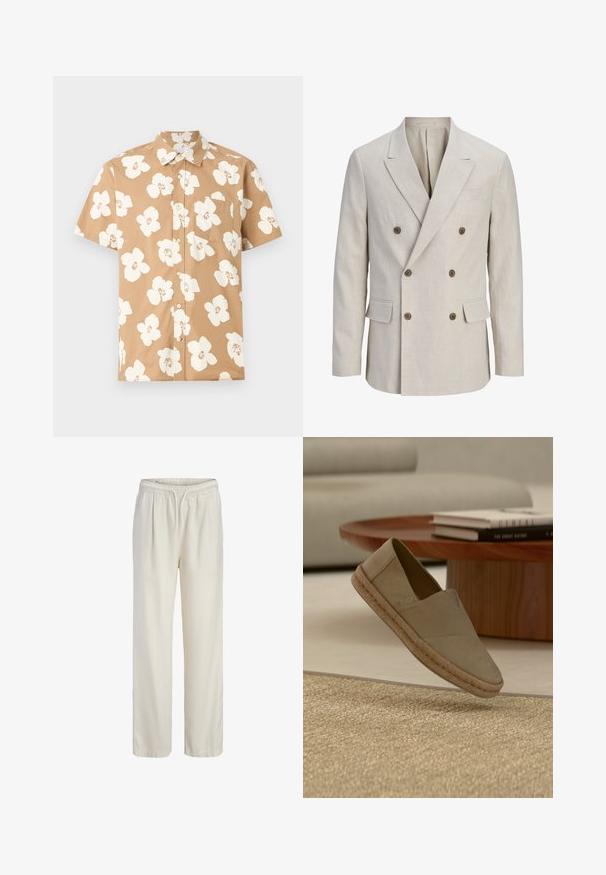 Blazer beige croisé avec larges revers crantés, six boutons marron, deux poches avant à rabat et une poche poitrine passepoilée.; Chemise beige à manches courtes avec boutons, grand imprimé floral blanc et poche poitrine, affichée sur un fond plat gris clair.; Pantalon beige ample avec ceinture élastique et cordon de serrage à l'avant, jambes droites, en tissu léger.; Chaussure beige à enfiler avec semelle tressée survolant un tapis texturé, avec une table ronde en bois et des livres empilés en arrière-plan.