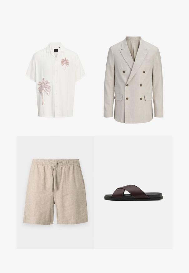 Blazer beige croisé avec larges revers crantés, six boutons marron, deux poches avant à rabat et une poche poitrine passepoilée.; Chemise blanche à manches courtes avec des boutons et deux motifs de palmiers brun clair, l’un sur la poitrine et l’autre près de la taille.; Short en lin beige avec taille élastique et cordon ajustable, avec poches latérales et coupe décontractée.; Sandale à glissière à lanières croisées de couleur marron, dotée d'une finition mate, d'une semelle noire plate et d'une texture lisse. Design minimaliste sans matériel visible.