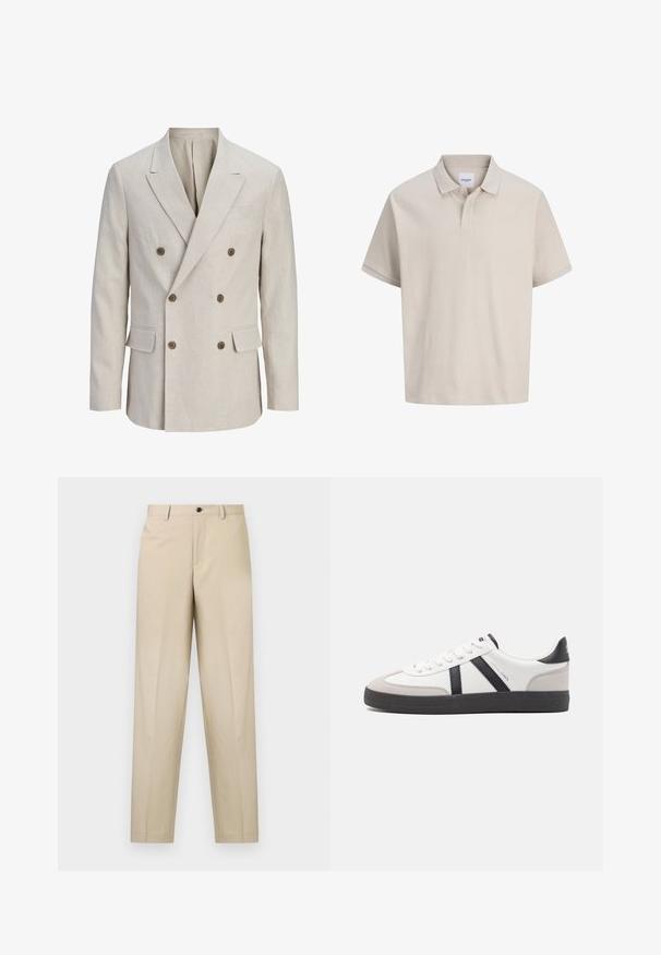 Beige dobbeltradet blazer med brede hak-reverser, seks brune knapper, to frontlommer med klap og én brystlomme med paspoleret åbning.; Beige kortærmet polo med subtile lodrette striber, en klassisk krave og en to-knaps stolpe.; Beige bukser lavet af letvægtsstof, med en lige ben-design, enkelt frontfold og en knaplukning i taljen.; Hvide sneakers med sorte og grå detaljer, med en tekstureret grå tåhætte, sort gummisål og flade hvide snørebånd. Rent design, minimalistisk stil.