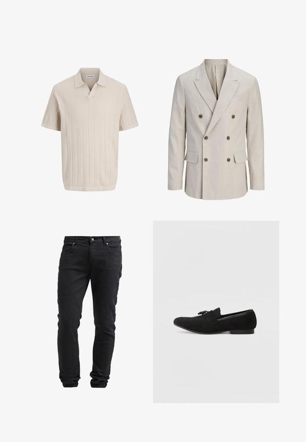 Blazer beige croisé avec larges revers crantés, six boutons marron, deux poches avant à rabat et une poche poitrine passepoilée.; Polo en tricot beige à manches courtes avec motif côtelé vertical et col en V ouvert, étiqueté "JACK & JONES".; Jeans noirs ajustés avec fermeture à bouton et à glissière, cinq poches et poignets élastiques aux chevilles.; Mocassins en suede noir avec un bout pointu, une semelle plate et un détail de nœud décoratif à l'avant. Design simple et épuré avec une texture lisse.