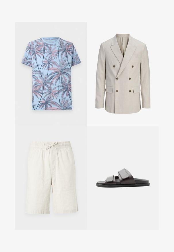 Blazer beige croisé avec larges revers crantés, six boutons marron, deux poches avant à rabat et une poche poitrine passepoilée.; T-shirt bleu clair à manches courtes avec un motif intégral de palmiers rose et bleu marine.; Shorts en lin beige clair avec une taille élastique et un cordon de serrage ajustable. Texture lisse, longueur au genou, sans motifs ni ornements.; Sandale slide marron foncé avec deux larges sangles velcro réglables et une semelle noire, vue de côté sur fond blanc.