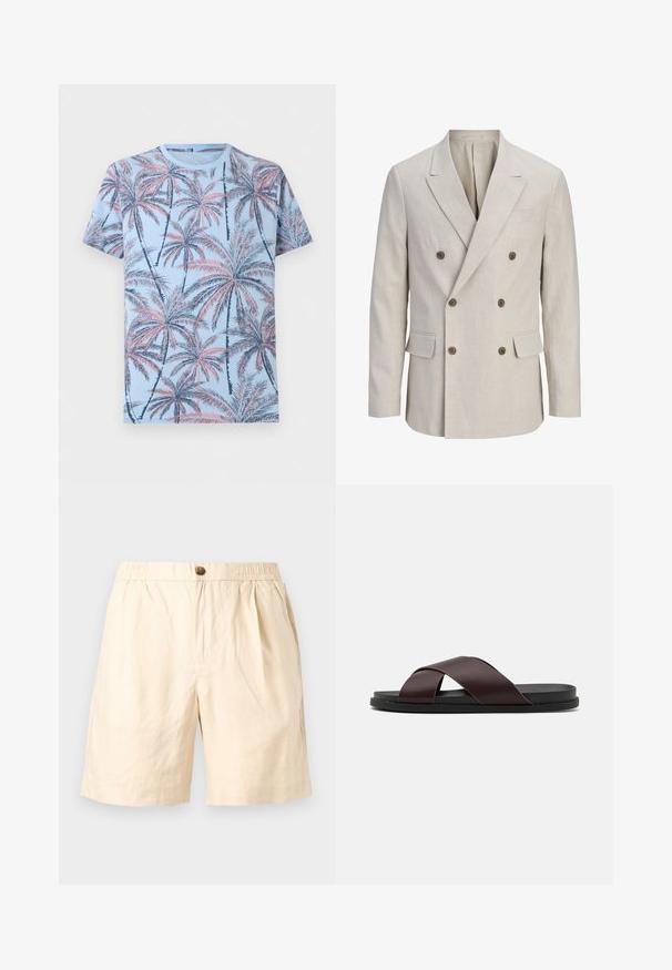 Blazer beige croisé avec larges revers crantés, six boutons marron, deux poches avant à rabat et une poche poitrine passepoilée.; T-shirt bleu clair à manches courtes avec un motif intégral de palmiers rose et bleu marine.; Shorts décontractés beiges avec taille élastique, fermeture à bouton unique, poches latérales et coupe ample adaptée aux temps chauds.; Sandale à glissière à lanières croisées de couleur marron, dotée d'une finition mate, d'une semelle noire plate et d'une texture lisse. Design minimaliste sans matériel visible.