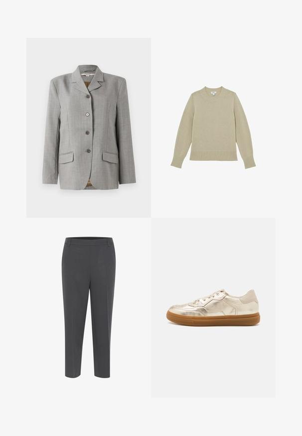Grå ternet blazer med nøddekrave, fire frontknapper, to sidelommer og en glat tekstur.; Beige strikketrøje med rund hals, ribkant forneden og ved ærmerne. Let tekstureret stof med quiltede detaljer langs ærmerne.; Grå, skræddersyede bukser med lige ben, der har flad front og sidelommer, lavet af et glat stof.; Metalliske guld sneakers med en glat finish, der har en gummisål, snørebånd i front og subtile perforeringer på tåen.