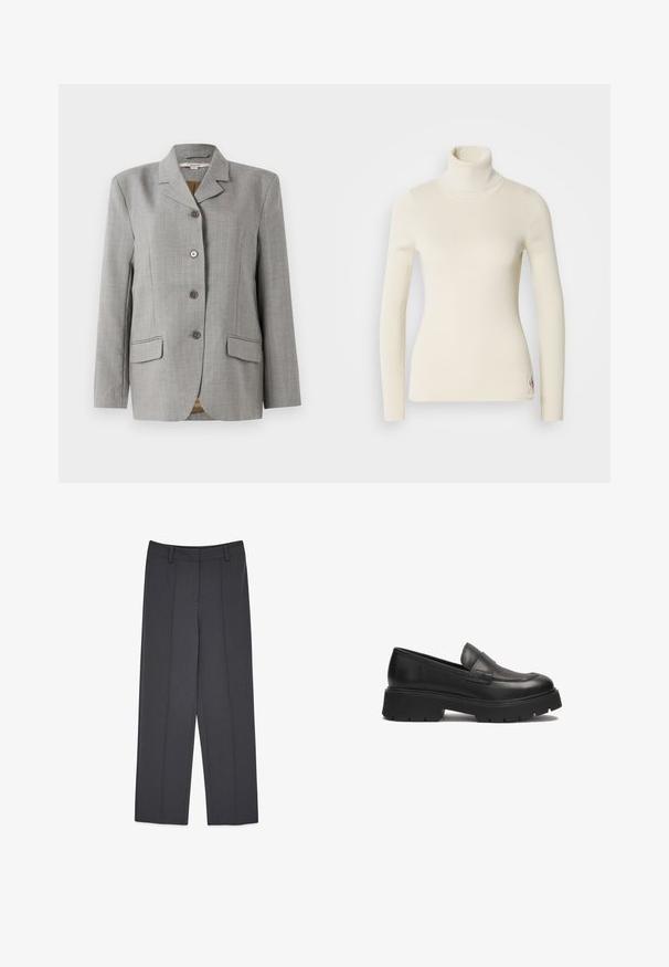 Blazer de cuadros gris con cuello de muesca, cuatro botones delanteros, dos bolsillos laterales y una textura suave.; Suéter de cuello alto en crema, hecho de tejido acanalado. Presenta mangas largas, un diseño ajustado y un pequeño logo en el dobladillo. Textura suave.; Pantalones grises a medida con un diseño de pierna recta, que cuentan con pliegues prensados, una textura suave y presillas para cinturón. No hay bolsillos visibles.; Mocasines de cuero negro con una suela baja y maciza. Presentan un acabado suave y un detalle de costura elevada en la punta. Diseño fácil de poner.