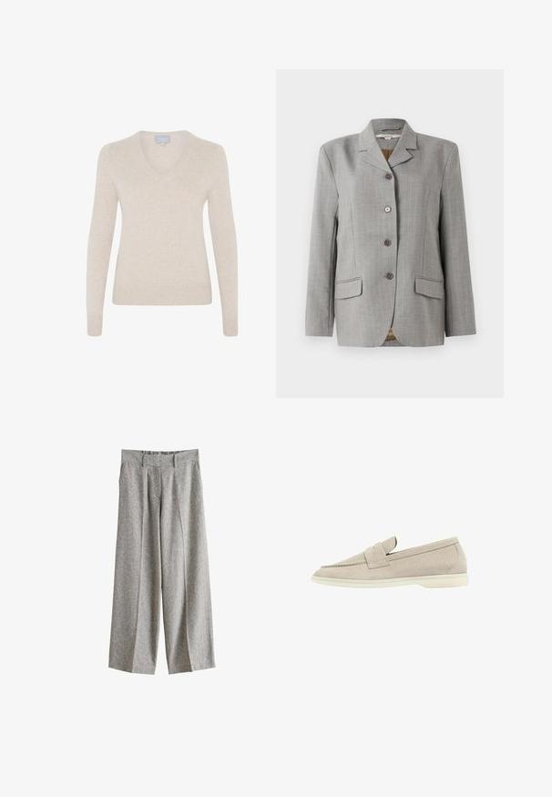 Grauer kariert Blazer mit geknöpften Revers, vier Frontknöpfen, zwei Taschen an den Seiten und einer glatten Textur.; Beiger V-Ausschnitt-Pullover aus weichem Material, mit langen Ärmeln, taillierter Silhouette und geripptem Saum. Keine Muster oder sichtbare Hardware.; Graue, weit geschnittene Wollhose mit Bundschlaufen, Vorderfalten und seitlichen Taschen, vor weißem Hintergrund präsentiert.; Hellbeige Wildleder-Loafer mit einer niedrigen weißen Sohle, abgerundeter Spitze und einem genähten Riemen über dem Obermaterial.