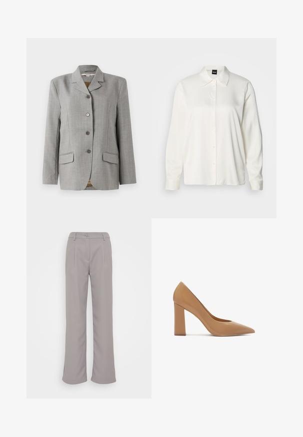 Blazer à carreaux gris avec col cranté, quatre boutons à l'avant, deux poches latérales et une texture lisse.; Chemise blanche à manches longues en tissu lisse, avec un col classique, une boutonnière à l'avant et des poignets boutonnés, offrant une coupe décontractée.; Pantalons gris à jambes larges avec une texture lisse. Comprend des plis avant, une fermeture à bouton et des poches latérales. Design classique pour un usage polyvalent.; Escarpin en cuir verni nude à talon haut, avec un bout pointu et un talon carré épais, présentant une finition brillante et une surface lisse.